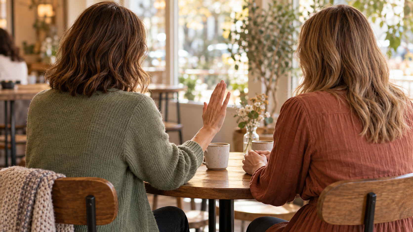 Two women having coffee in a sunlit café, one raising her hand to set a gentle boundary.